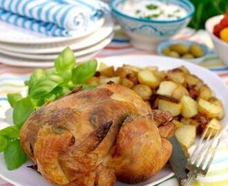 Kryddig kyckling med ugnspotatis och vitlökssås