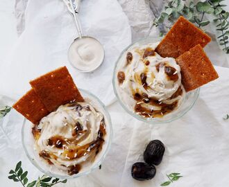 Vegan Raw Coconut Ice Cream with Caramelized Sourdough Crisp and Date Syrup