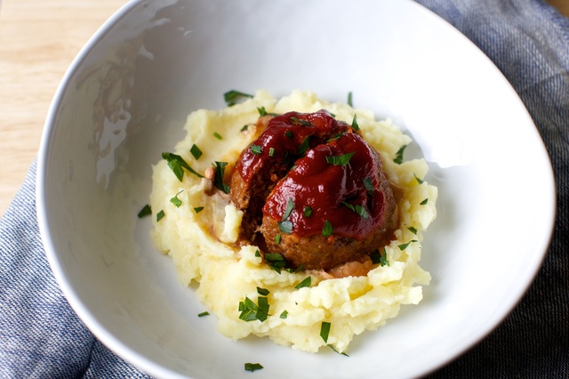 tomato-glazed meatloaves with brown butter mashed potatoes