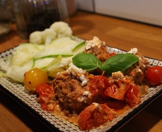 Vegetarian patties in creamy basil tomato sauce and feta cheese