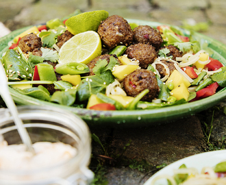 Asiatiska färsbullar med nudelsallad