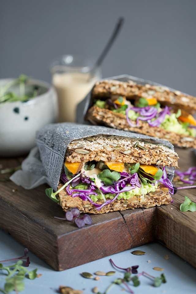 Five seeds flatbread with avocado, sweet potato and smokey tahini dressing  (gluten free, vegan, paleo)