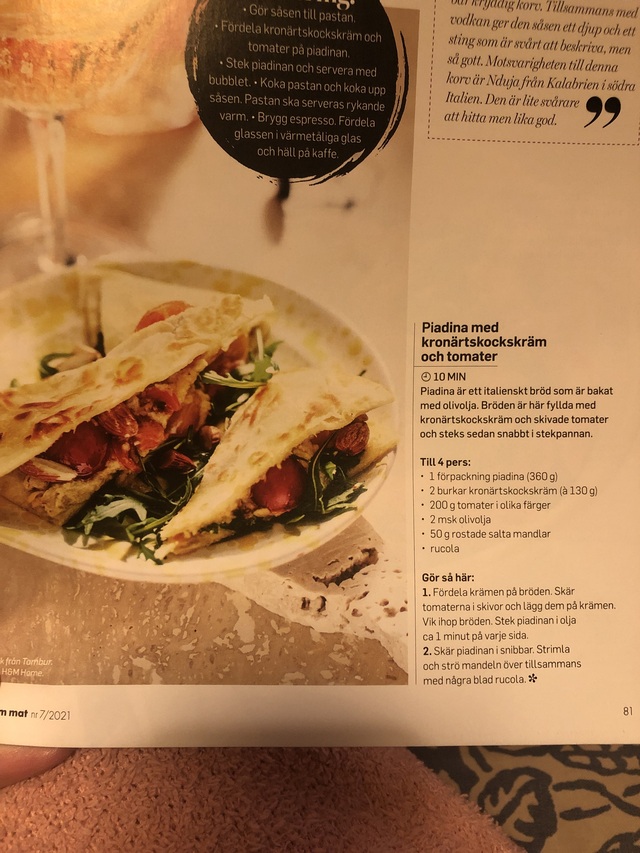 Piadina m kronärtskockskräm o tomater