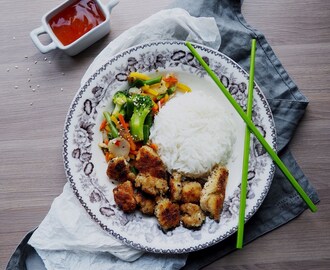 Fried Tofu with Wok, Rice and Sweet Chili Sauce
