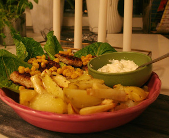 Kycklingbiffar med ugnsrostad potatis och vitlökmayo