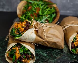 Sweet-potato wrap with feta cheese and spicy beans