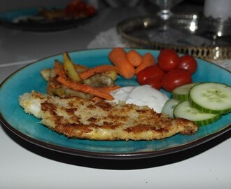 Parmesanpanerad torsk med rotfrukter och limedressing