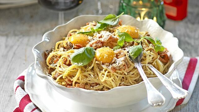 Spaghetti carbonara med svamp