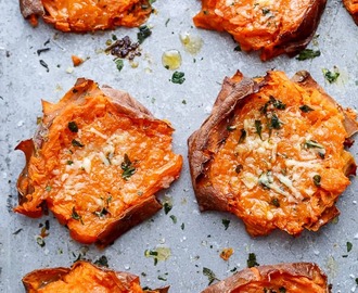 Garlic Butter Smashed Sweet Potatoes With Parmesan