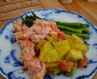 Grillade lax-och räkspett med apelsin/ananas/avokado/tomatsalsa