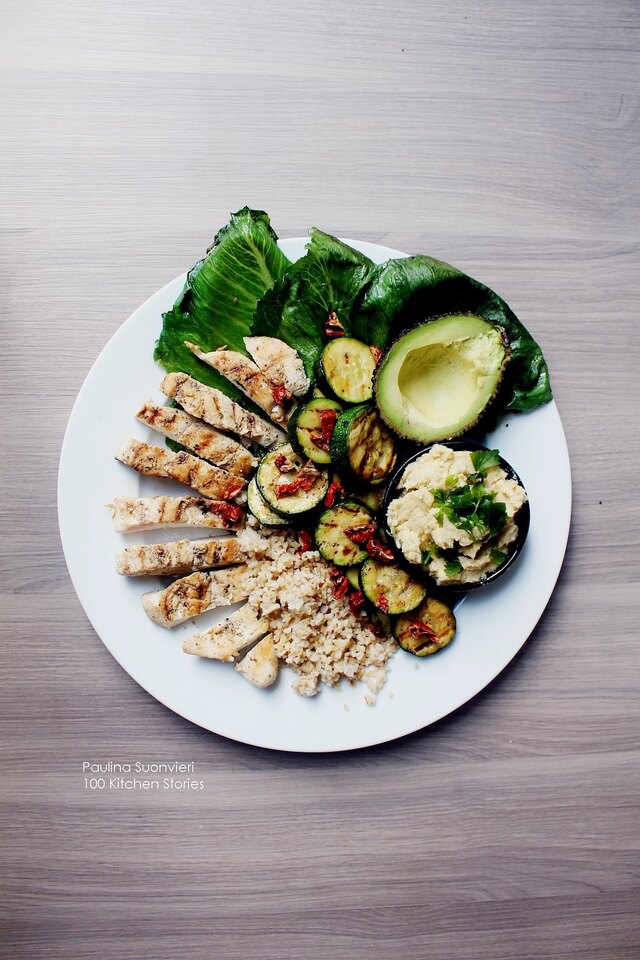 Plate with Bulgur, Grilled Chicken and Vegetables, Avocado and Spicy Hummus