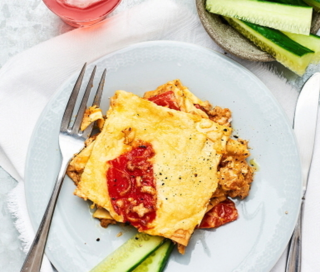 Lasagne med kycklingfärs och grillad paprika