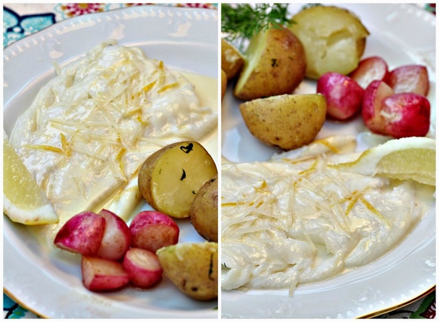 Snabbrimmad och ångad torskfilé med parmesansås, dillkokt potatis och rädisor (fast grön sparris till hade varit bättre...)