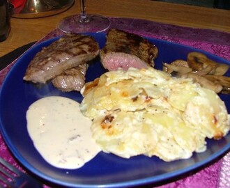 Rostbiff med potatisgratäng och kantarellsås