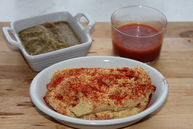 Hummus, baba ganoush och röd sås
