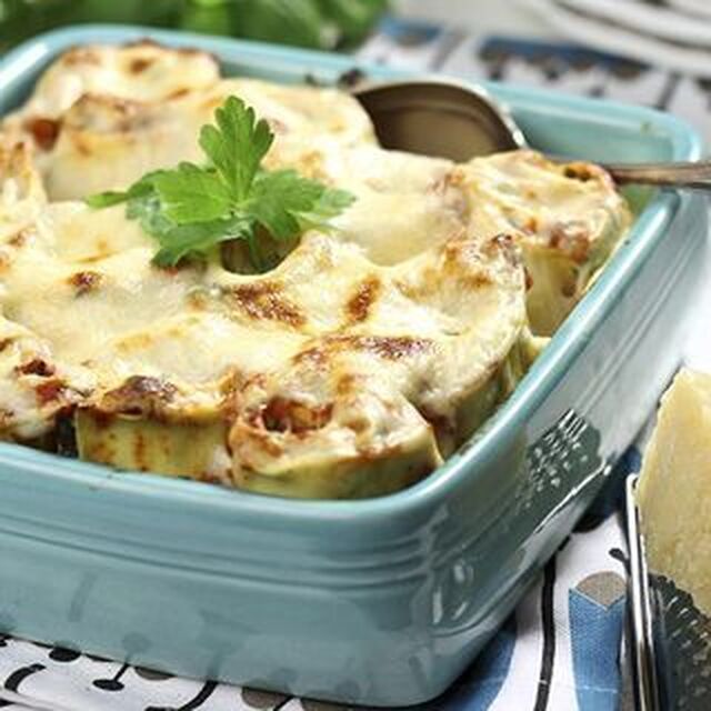 Gratinerade pastastubbar med ricottaost och spenat