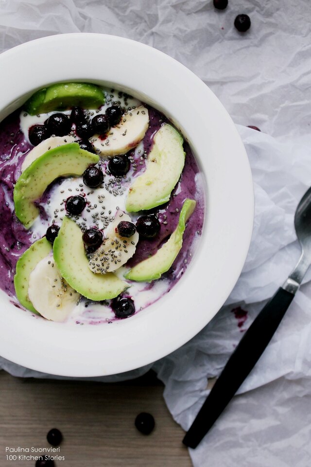 Vegan Raw Acai Blueberry Bowl with Avocado and Soygurt Swirl