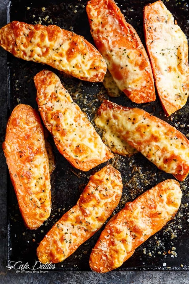 Cheesy Garlic Sweet Potatoes