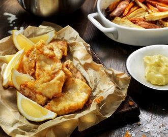 Fish and chips på torskfilé med rotfrukter och citrusaioli