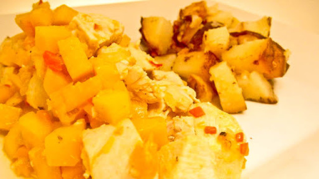 Kyckling (kalv), potatis med rostad pumpa med chili och kokosmjölk. ”veckans matlåda”