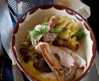 Fänkål, potatis, äpple och pepparrot med sadel och sylta på kanin