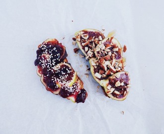 Sourdough Fig Toasts w Caramelized Almonds & Honey, or Cherry Syrup & Sesame Seeds.