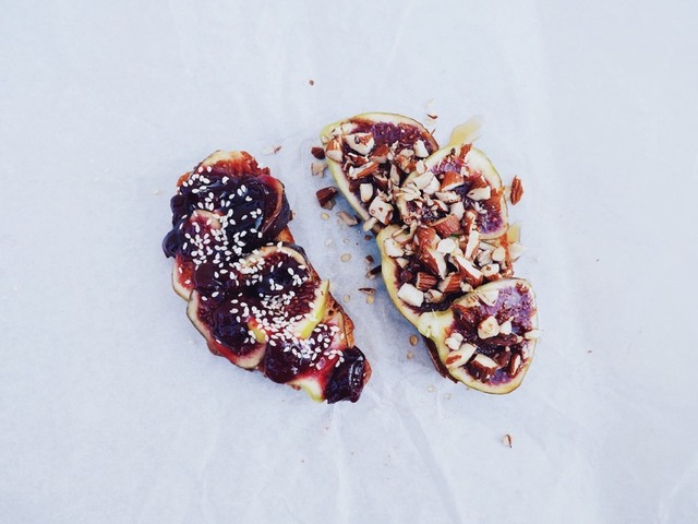 Sourdough Fig Toasts w Caramelized Almonds & Honey, or Cherry Syrup & Sesame Seeds.