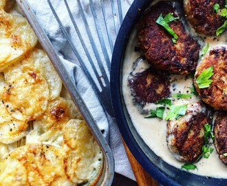 Kantarellbiffar med potatisgratäng och gräddsås