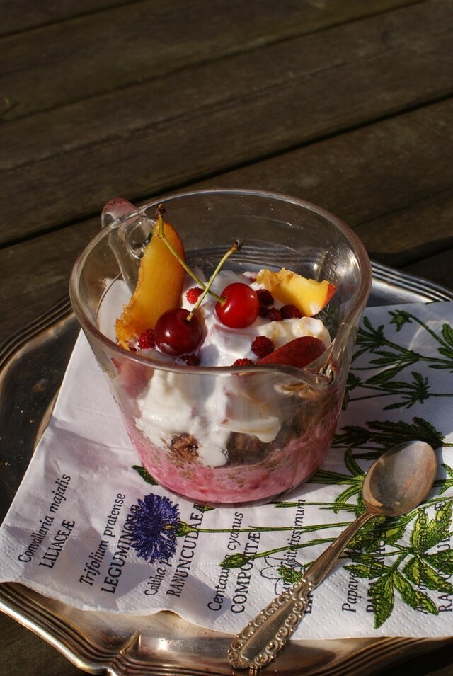 Chocolate oats pudding with sweet peach stir and raspberry mish-mash!