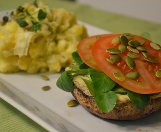 Veckans vegetariska: Färskostfyllda portabelloburgare med kålrotsmos