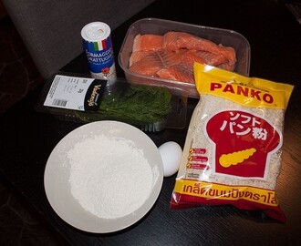 Panko/parmesanpanerad lax med västerbottenmos & kräftröra