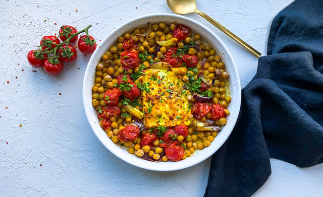 Baked Feta With Turmeric, Plum Tomatoes And Roasted Chickpeas