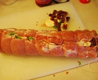 Nyår – Huvudrätt: Fläskfilé fylld med skinka, mozzarella, soltorkade tomater och basilika – Bakat och lagat