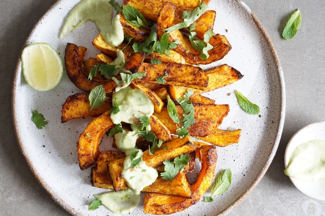 Spiced Butternut Wedges with Avocado Lime Mayo