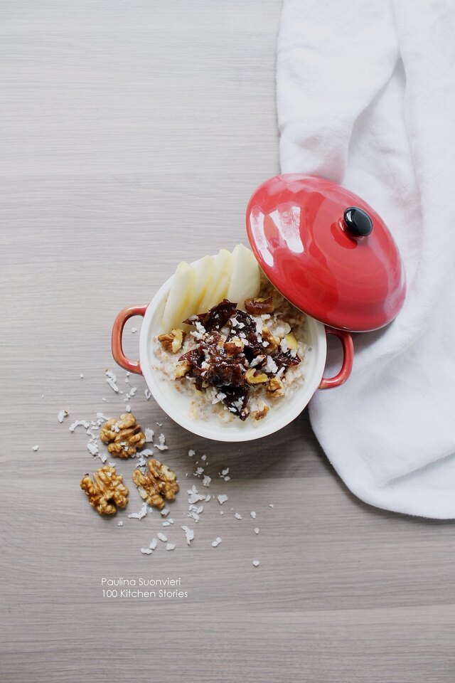 Apple Porridge with Coconut Flakes, and Dried Fruit & Nut Compote