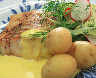 Stekt torsk med citronhollandaise och gurksallad