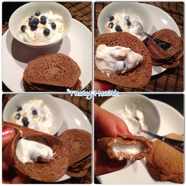 Mini-chokladpannkakor med blåbär, kokos och kesellafyllning