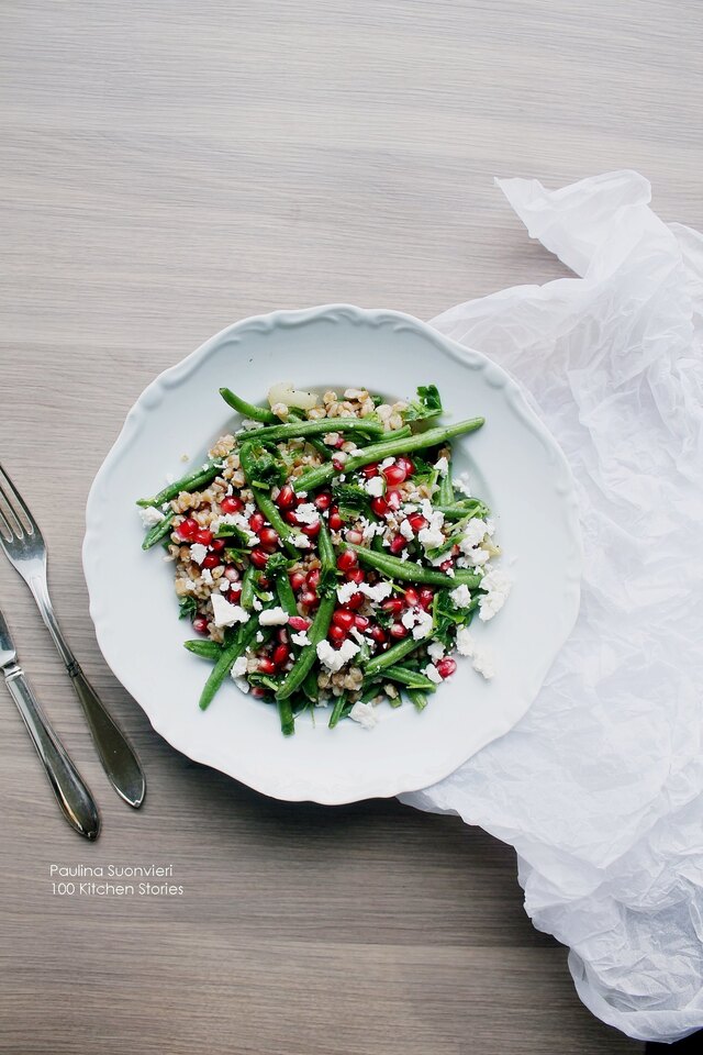 Wheat Berry Salad with Haricot Vert, Pomegranate Seeds and Feta Cheese