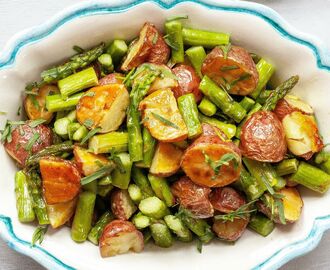 Roasted Potatoes and Asparagus with Lemon-Mustard Dressing