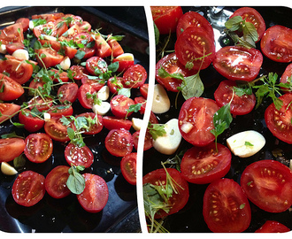 Långrostade tomater med färska örter, vitlök, havssalt & olivolja