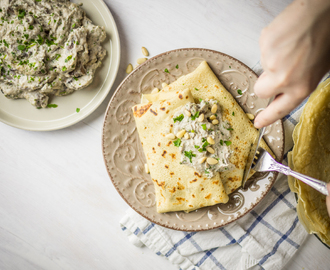 Savoury crepes filled with mushrooms & cashew cream