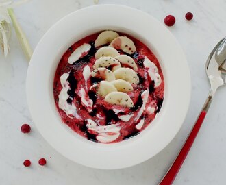 Raw Vegan Red Berry Smoothie Bowl with a Swirl of Lingonberry Juice