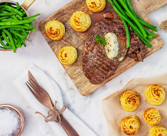 Entrecote med duchessepotatis och haricots verts