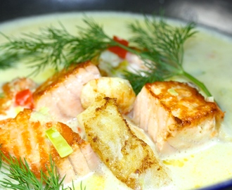 Skagenfoods fiskesuppe med urter, jomfruhummer, torsk og laks