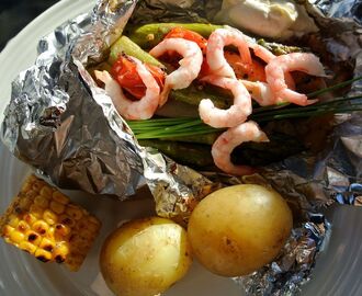 Stön av vällust och laxpaket på grillen med morötter och sparris