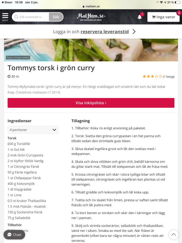 Tommys torsk i grön currysås