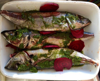 Ugnsgrillad fisk med rödbetor och chilisås