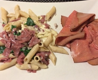 Pasta m spenat, ostsås & renstek