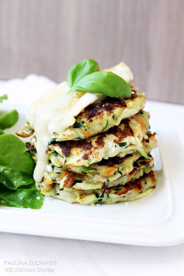Zucchini & Carrot Fritters with Basil and melted Brie