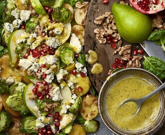 Ljummen ädelostsallad med rostad potatis och brysselkål